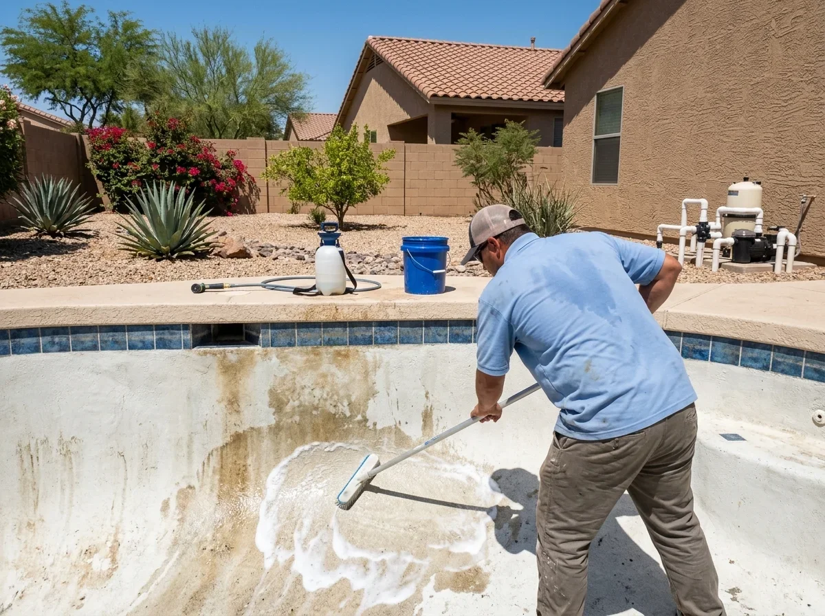Worker in protective gear brushing a drained pool wall
