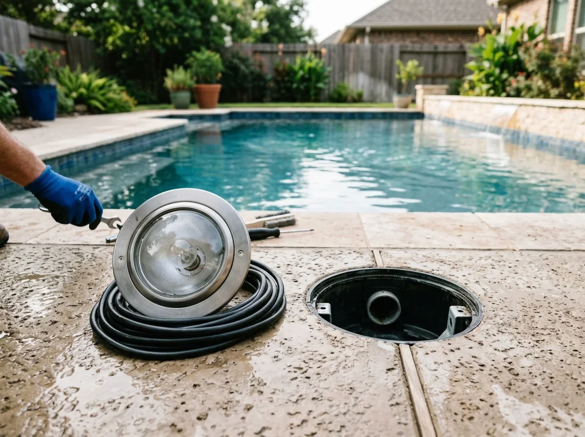 Pool light fixture resting on the pool deck