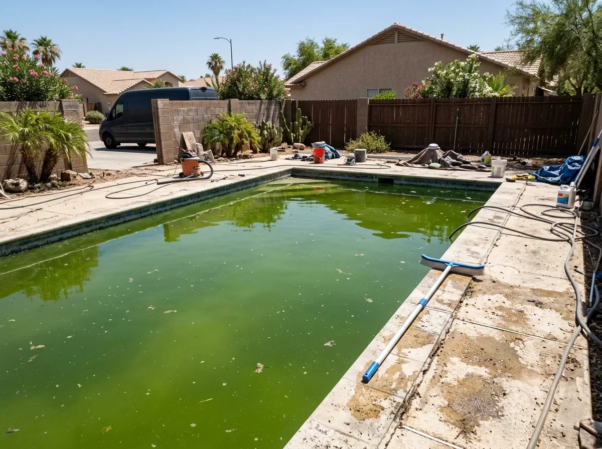 Backyard pool with green murky water in bright sun