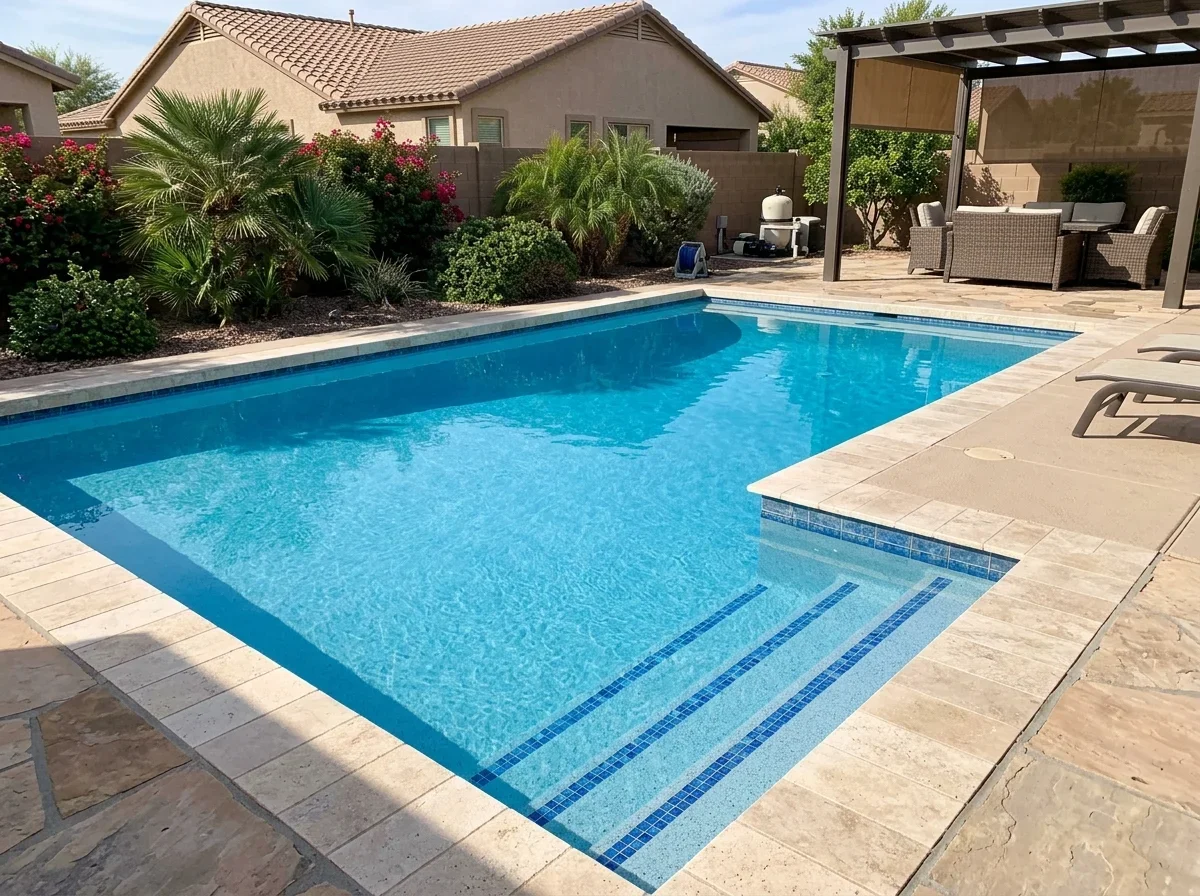 Clear blue backyard pool after green water treatment