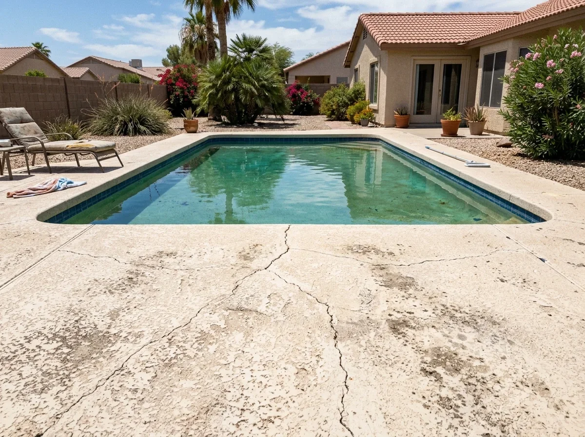 Textured concrete pool deck with fine cracks beside a pool