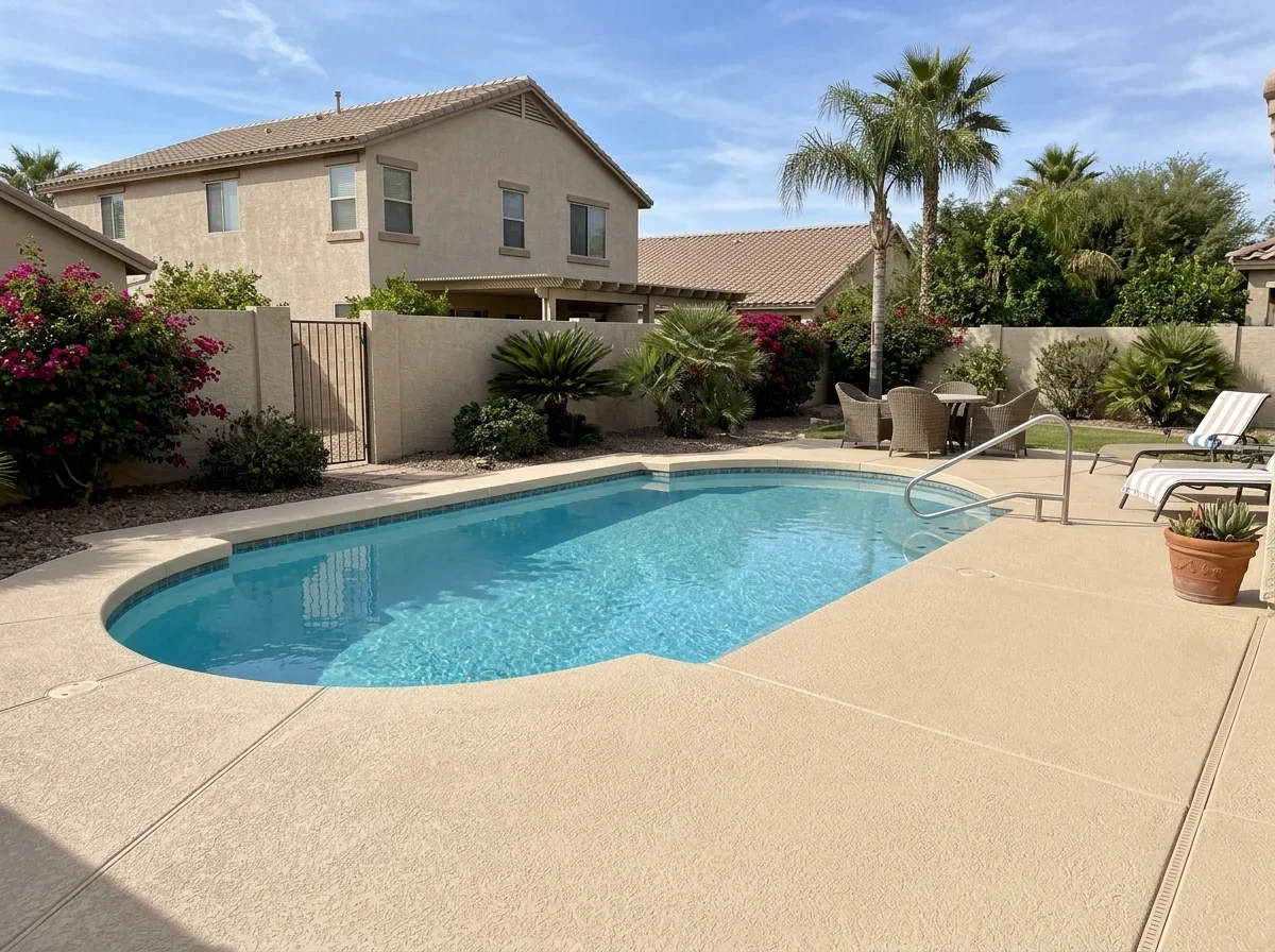 Finished textured pool deck beside a backyard pool