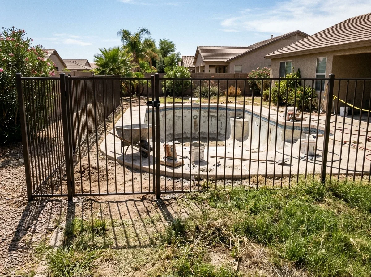 Backyard pool enclosed by a tall fence with a closed gate