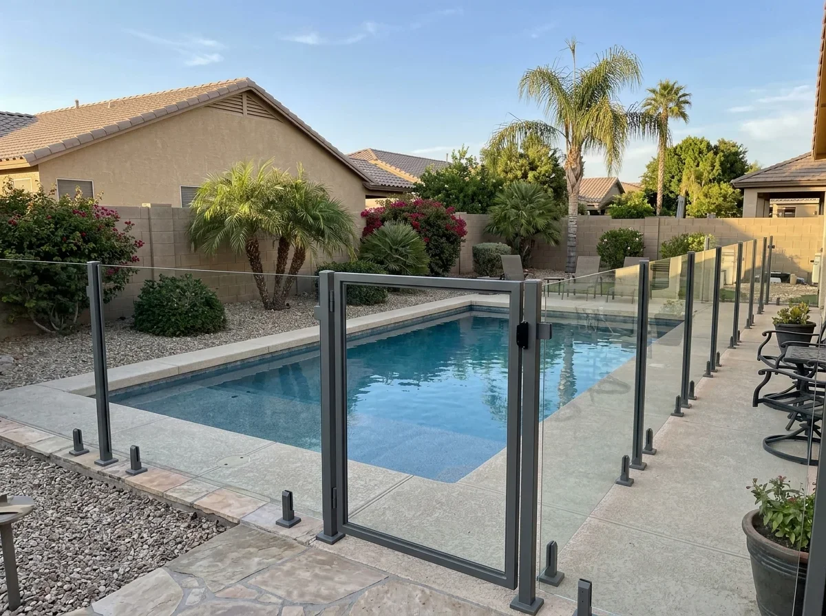 Finished pool fence and gate around a backyard pool
