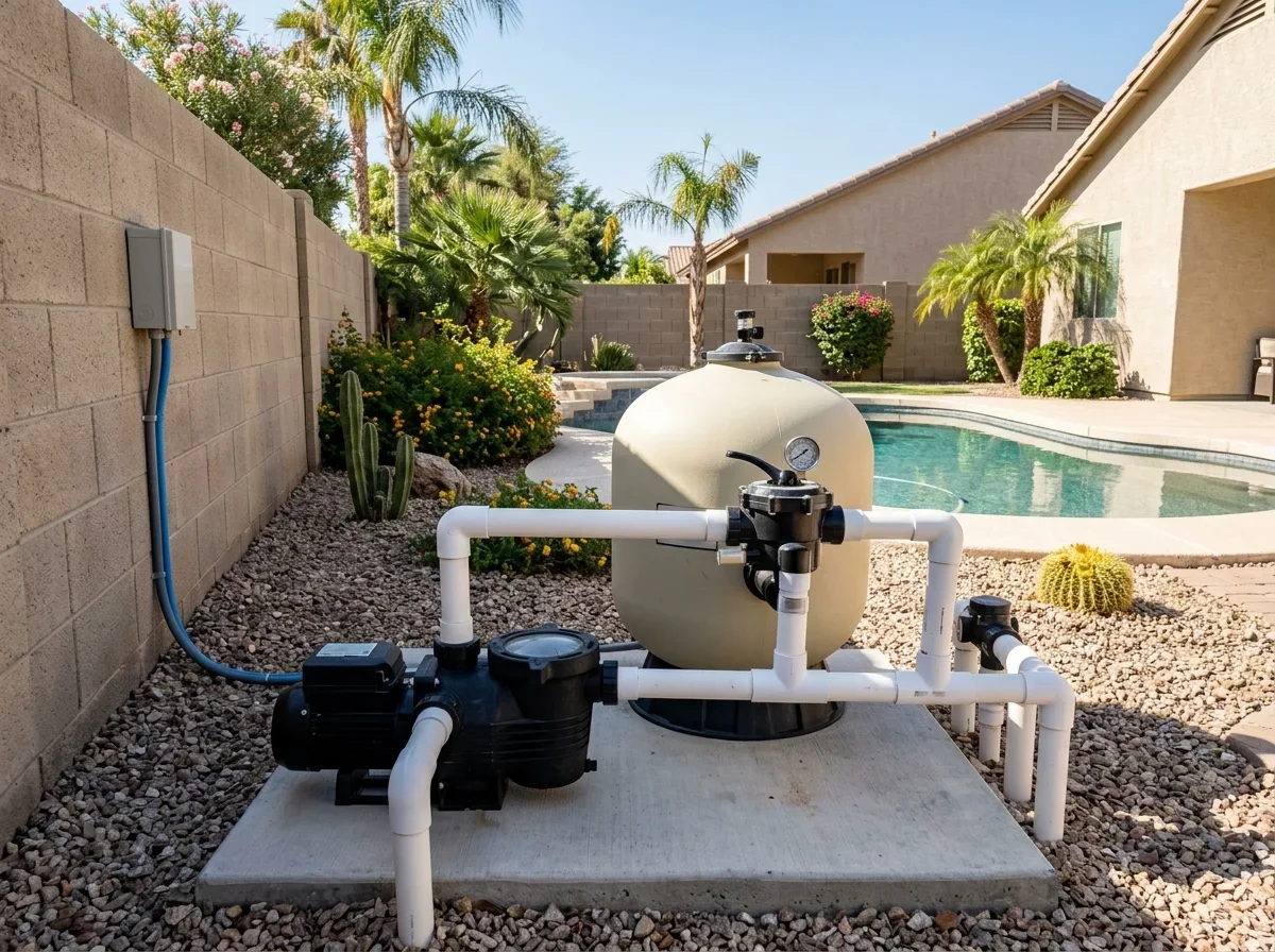 Pool filter tank with pressure gauge and valve beside pump