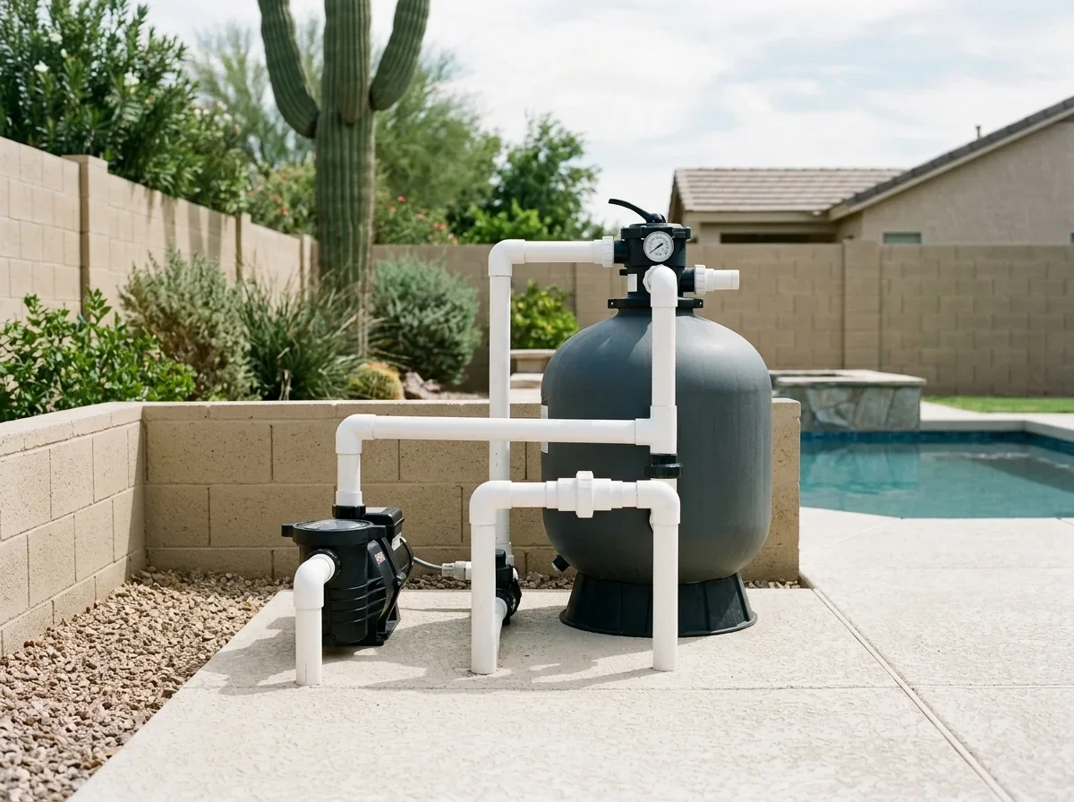 Newly installed pool filter with clean plumbing and pressure gauge