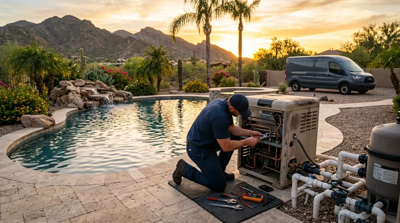 A technician repairing a pool heater at dusk with the McDowell Mountains behind