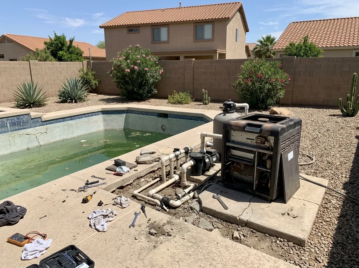 Pool heater unit on a pad beside pool equipment