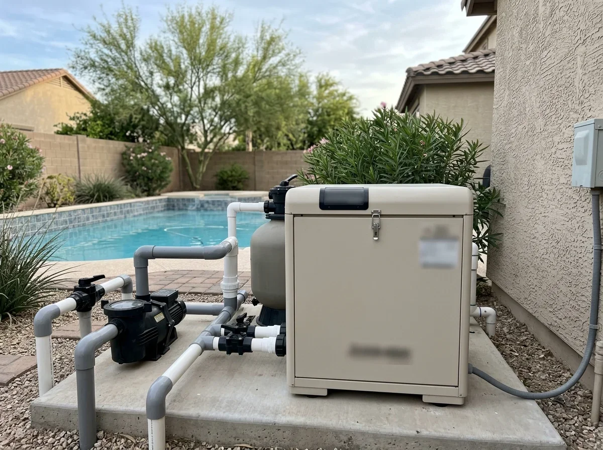 Repaired pool heater on an equipment pad beside a pool