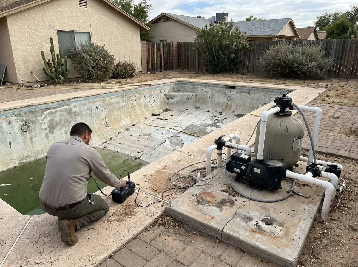 Pool pump and filter with plumbing on a backyard equipment pad