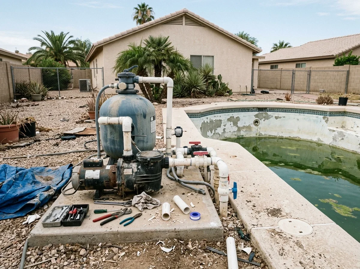 Pool pump and motor on a backyard equipment pad