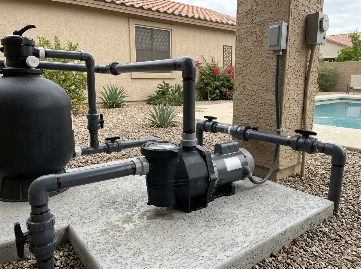 Newly installed pool pump on an equipment pad beside a home