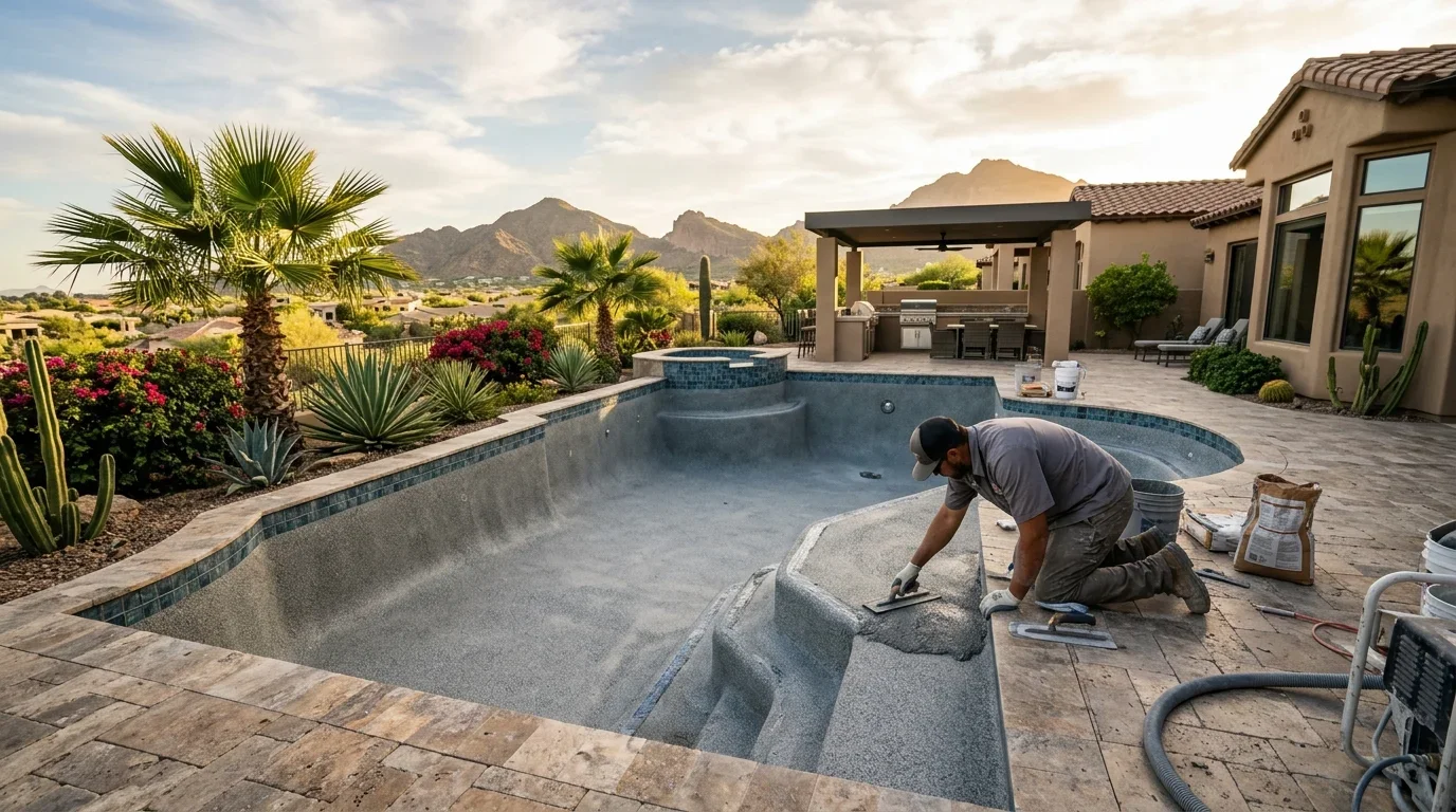 A pool remodel in progress with new tile and plaster