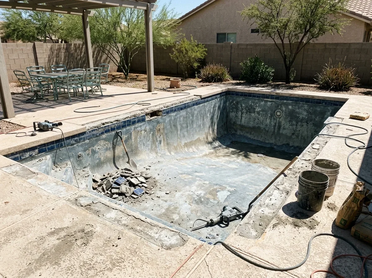 Backyard pool with worn plaster and aging waterline tile