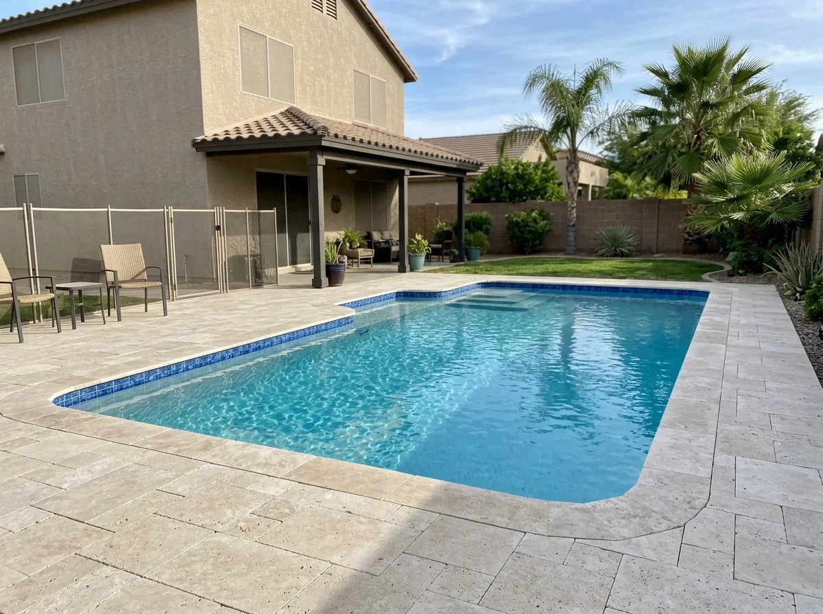 Remodeled backyard pool with new tile and coping