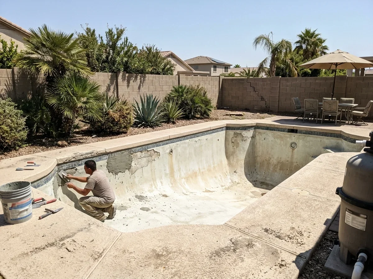 Stained, rough plaster at the waterline of a backyard pool