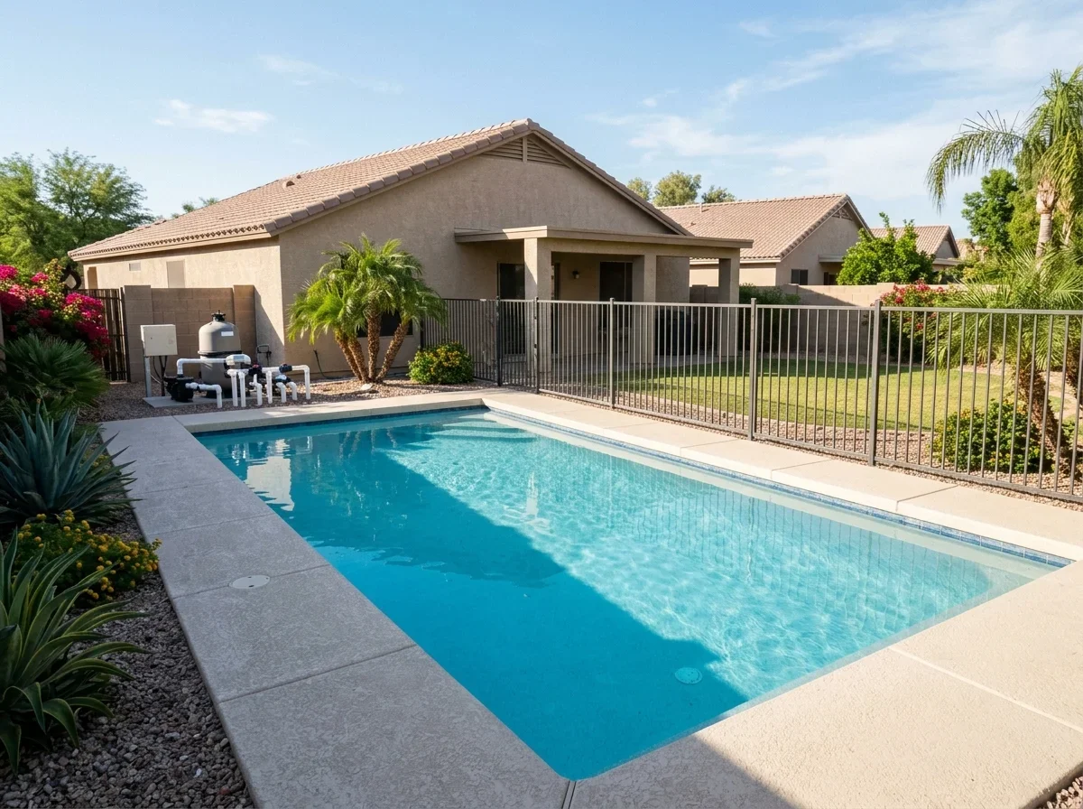 Finished backyard pool with clear water and barrier fence