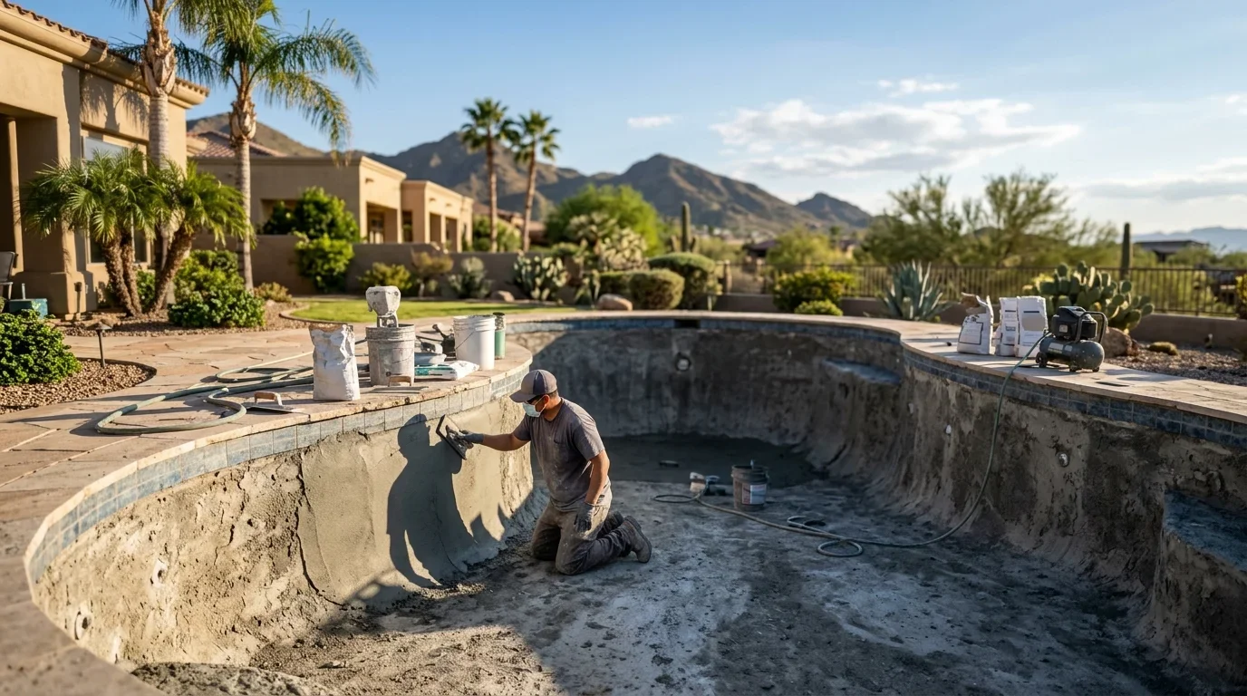 A pool being replastered in the evening light