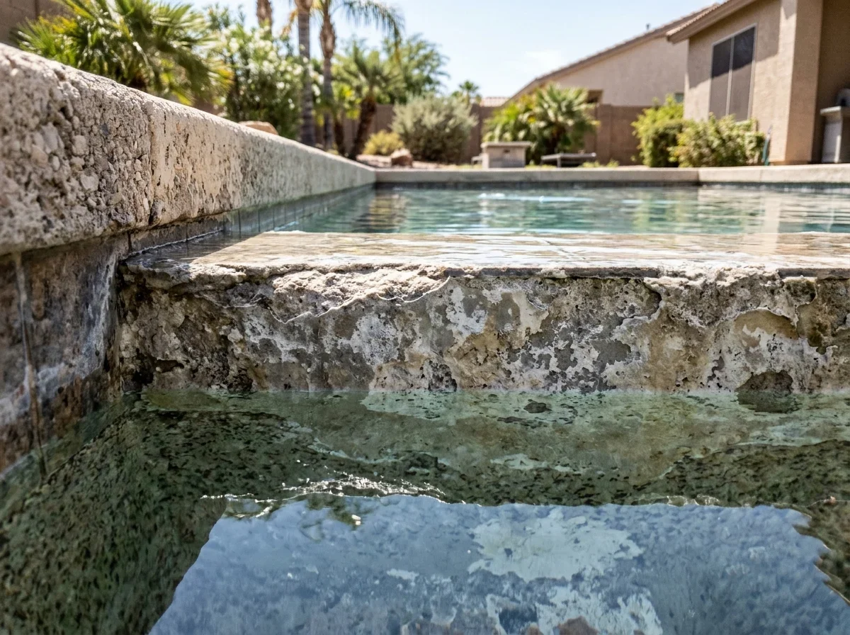 Rough, stained plaster on a pool wall below the waterline