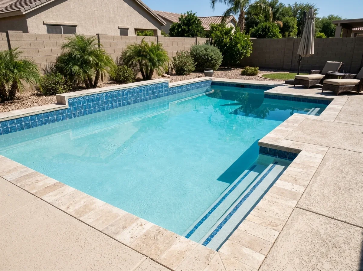 Freshly resurfaced backyard pool filled with clear water