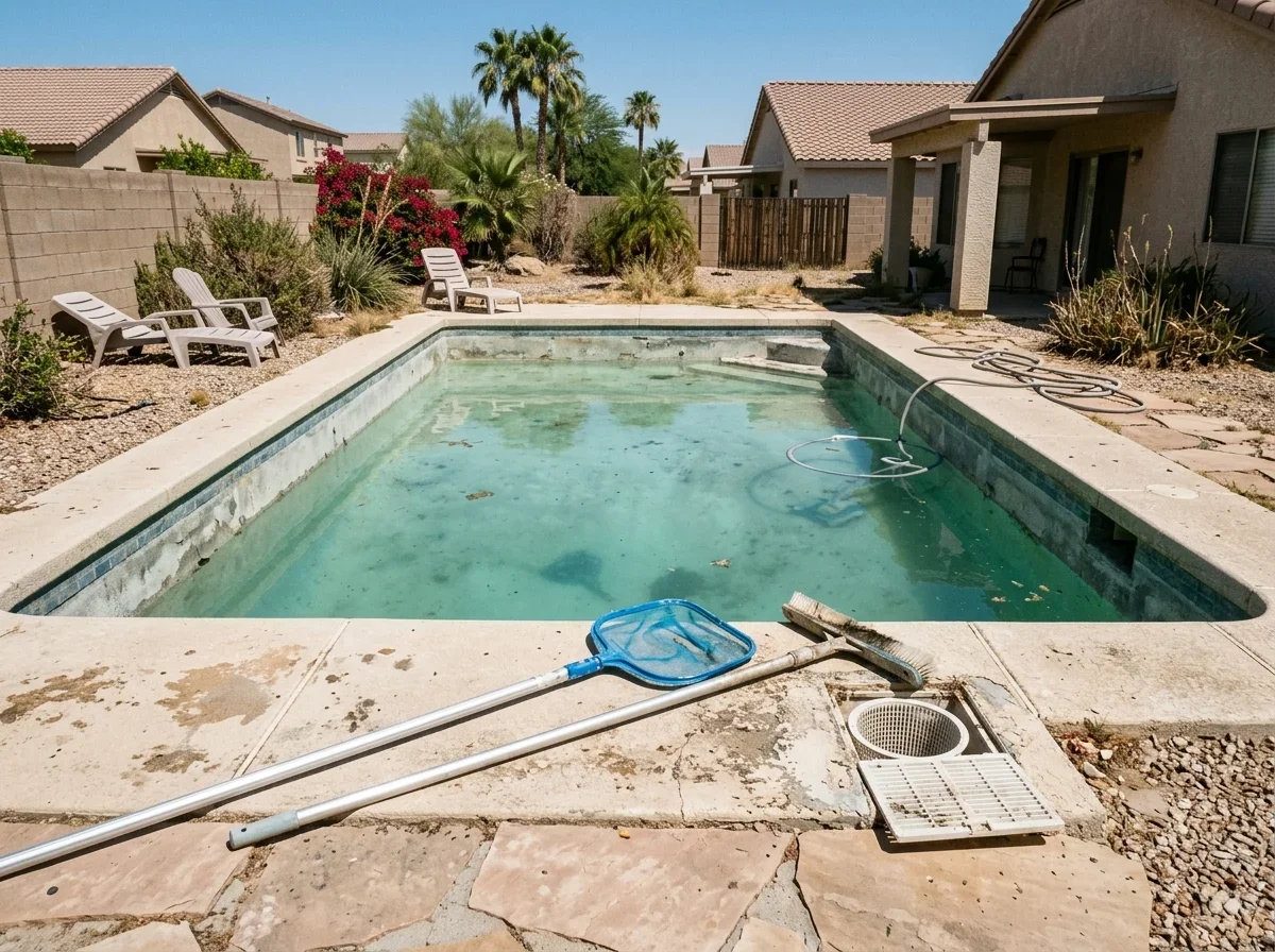 Backyard pool with net and brush resting beside the deck