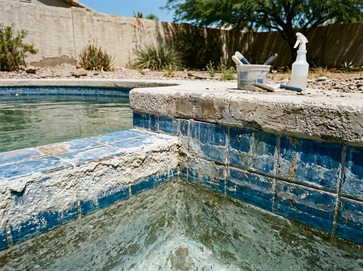 White calcium scale along blue waterline tile of a pool