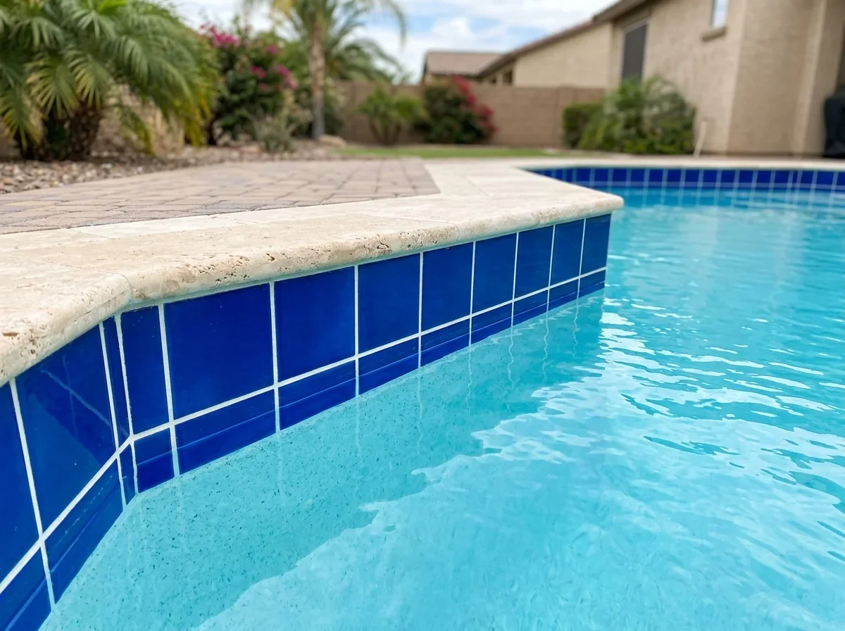 Clean pool waterline tile with fresh grout and clear water